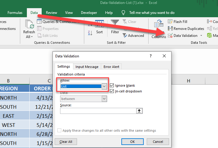 Drop Down List with Data Validation