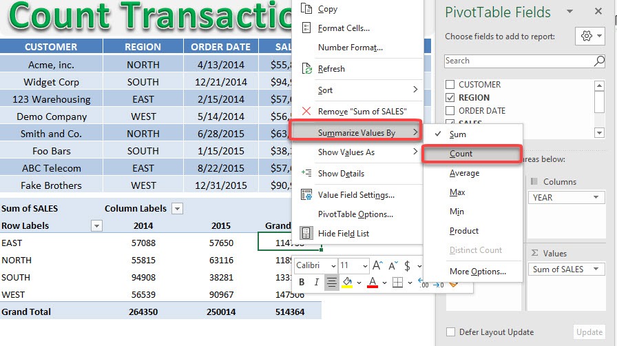 Pivot Table Count Transactions