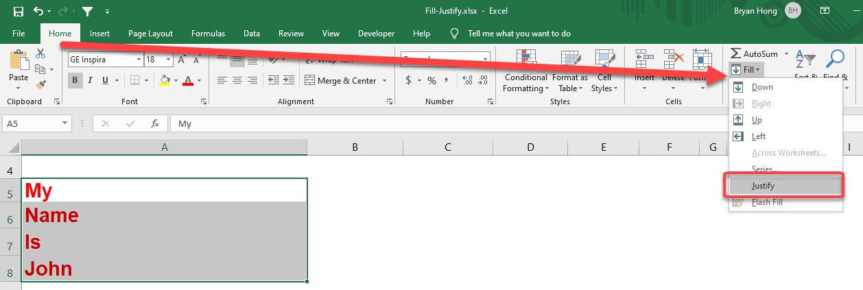 Excel´s Fill Justify Tool