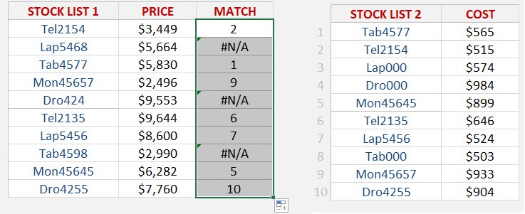 Match Two Lists With The MATCH Function