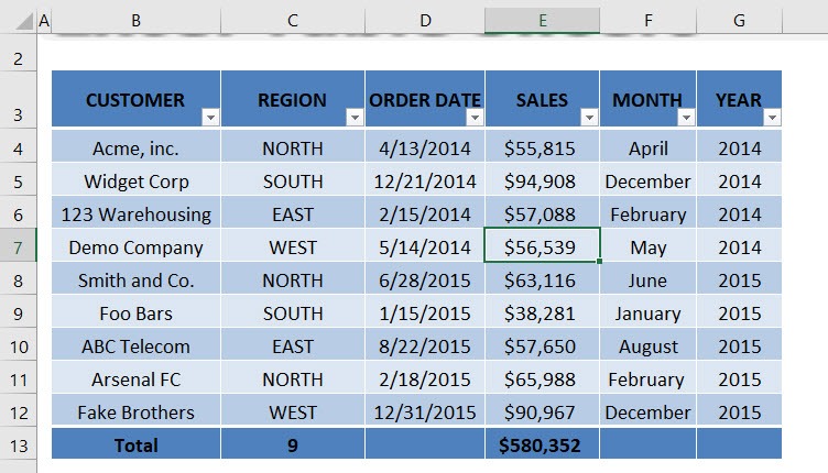 Excel Table Slicers