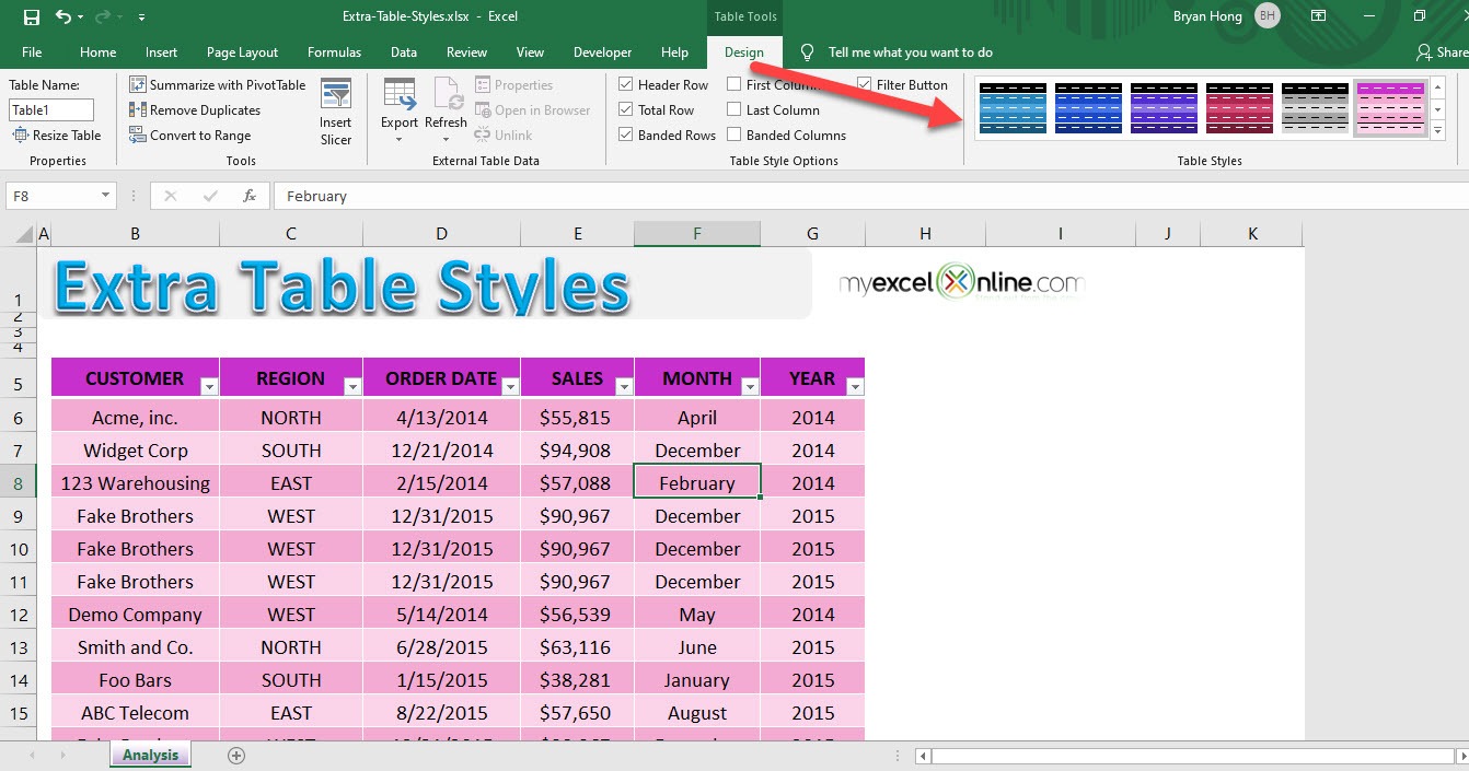 Extra Excel Table Styles