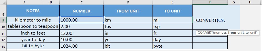 CONVERT Formula in Excel