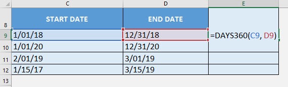 DAYS360 Formula in Excel