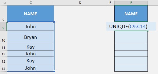 UNIQUE Formula in Excel