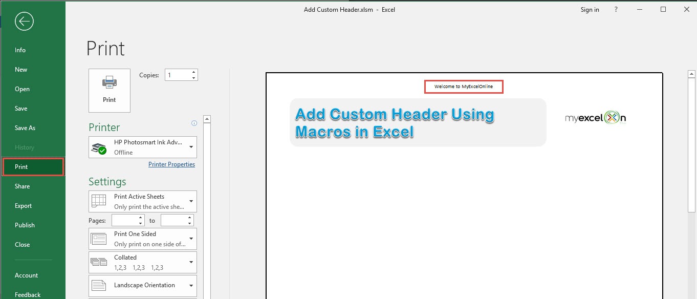 Add Custom Header Using Macros In Excel