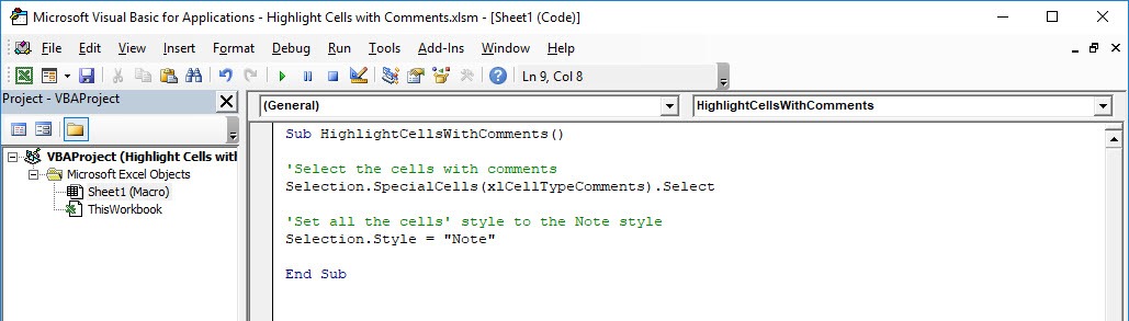 Highlight Cells with Comments Using Macros In Excel