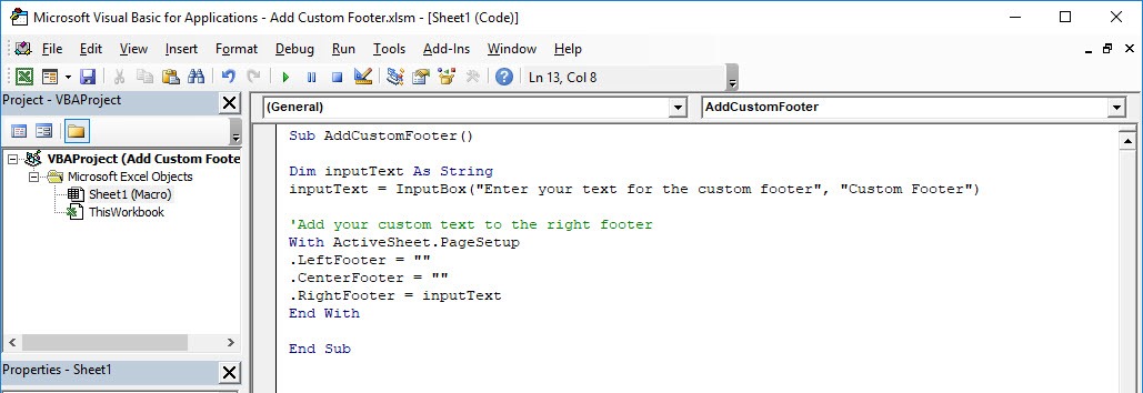 Add Custom Footer Using Macros In Excel
