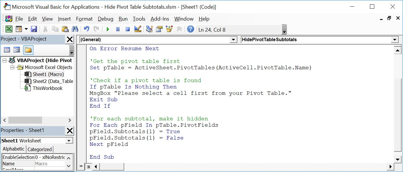 Hide Pivot Table Subtotals Using Macros In Excel