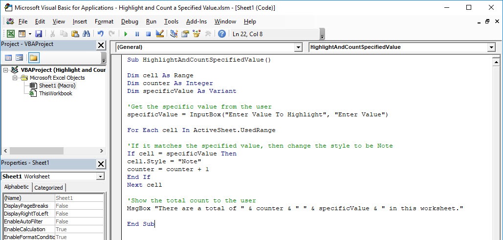 Highlight and Count a Specified Value Using Macros In Excel