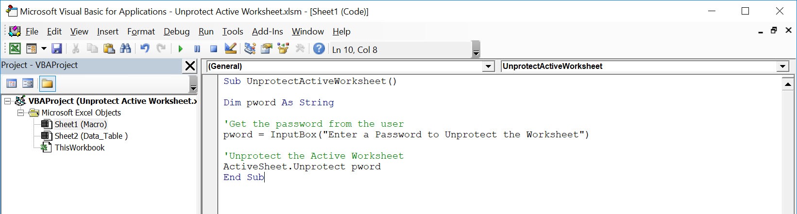 Unprotect Active Worksheet Using Macros In Excel