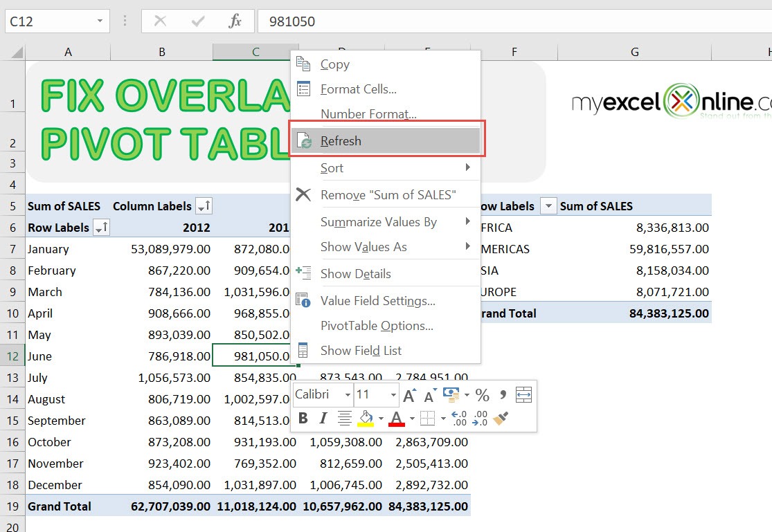 A PivotTable report cannot overlap another PivotTable report - Solution