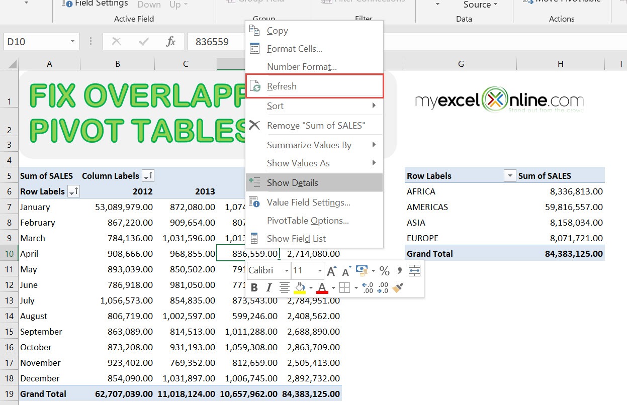 A PivotTable report cannot overlap another PivotTable report - Solution