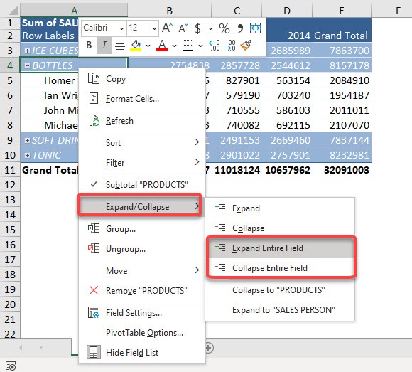 Expand and Collapse buttons in Excel Pivot Tables