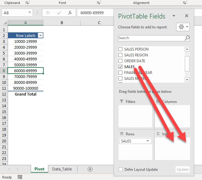 Group by Sales Range in Excel Pivot Tables