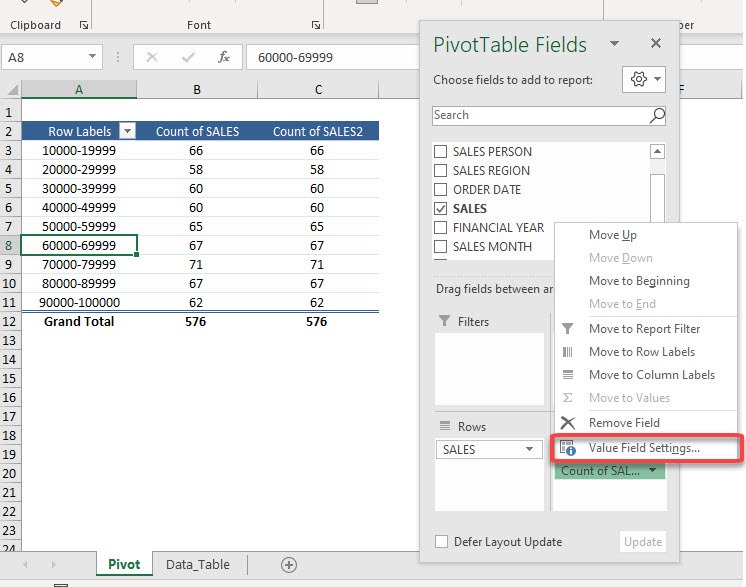 Group by Sales Range in Excel Pivot Tables