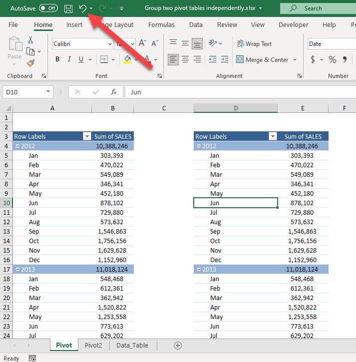 Group Two Excel Pivot Tables Independently