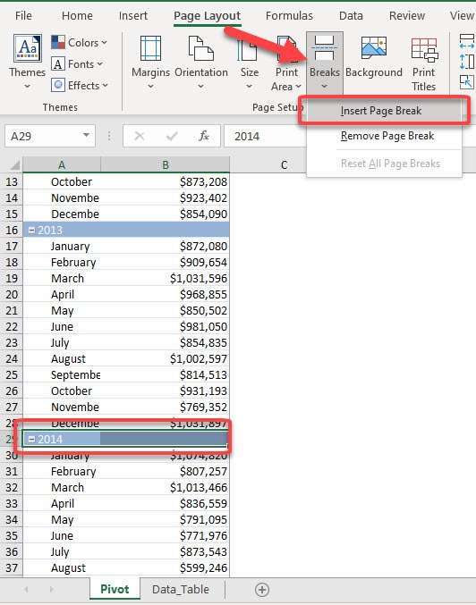 Print Excel Pivot Table on two pages