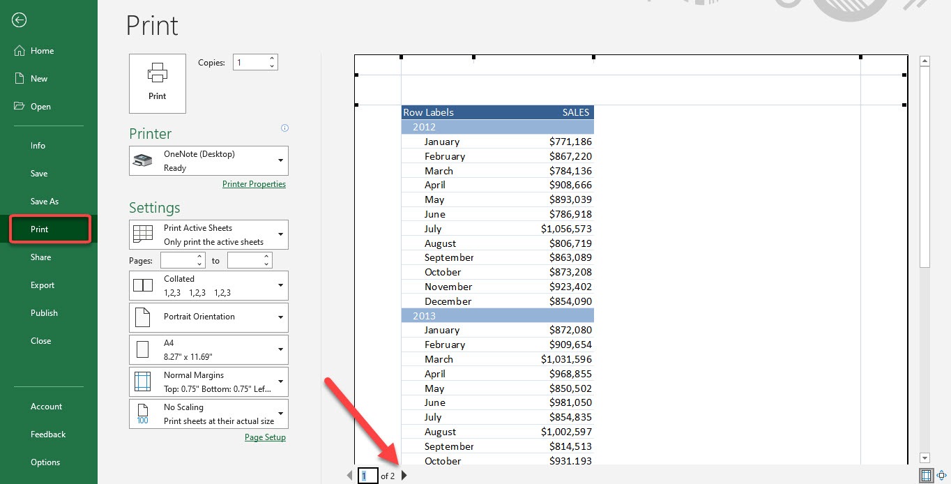 Print Excel Pivot Table on two pages