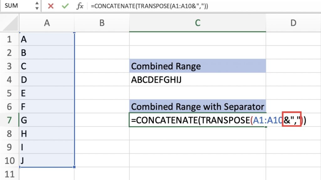 Concatenate - Combining Cell Ranges in Excel