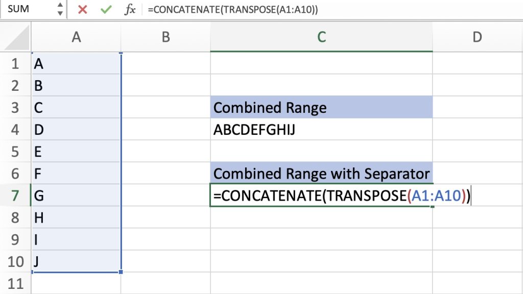 Concatenate - Combining Cell Ranges in Excel