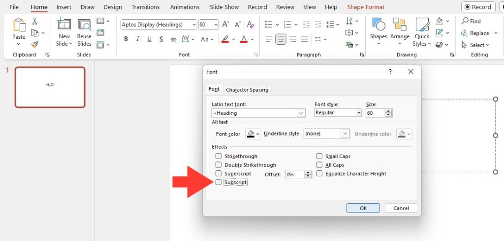 Superscript in powerpoint