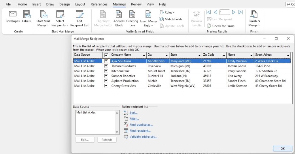 Print excel labels with word