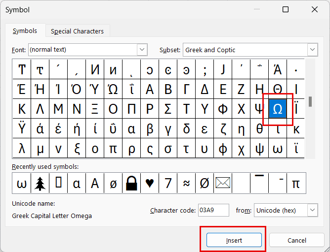 Omega Symbol in Excel