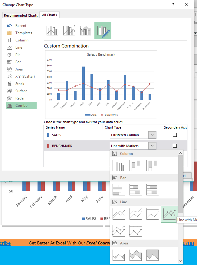 create a chart with a benchmark line in excel for mac