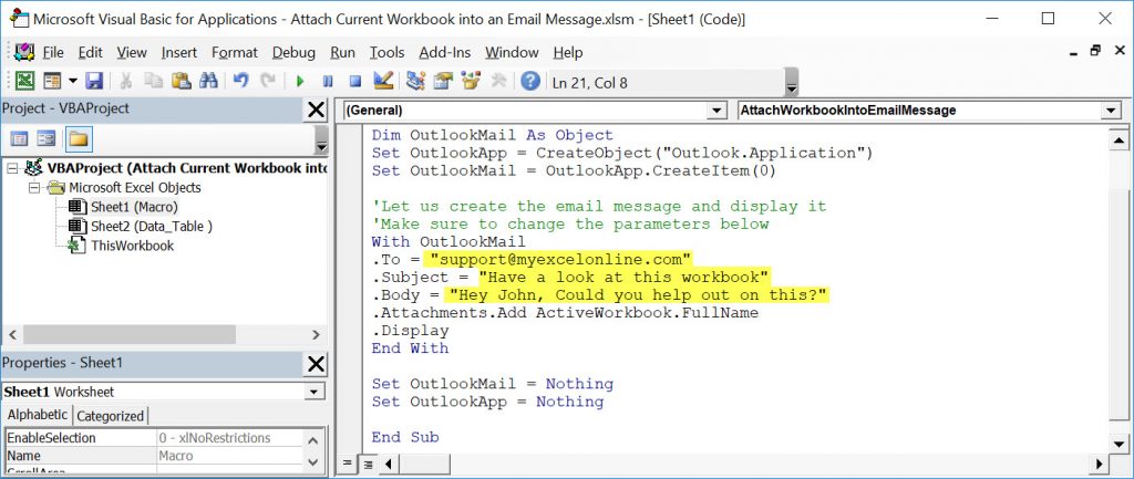 Attach Current Workbook into an Email Using Macros | MyExcelOnline