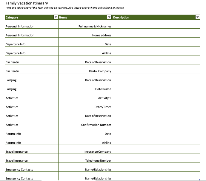 vacation excel template