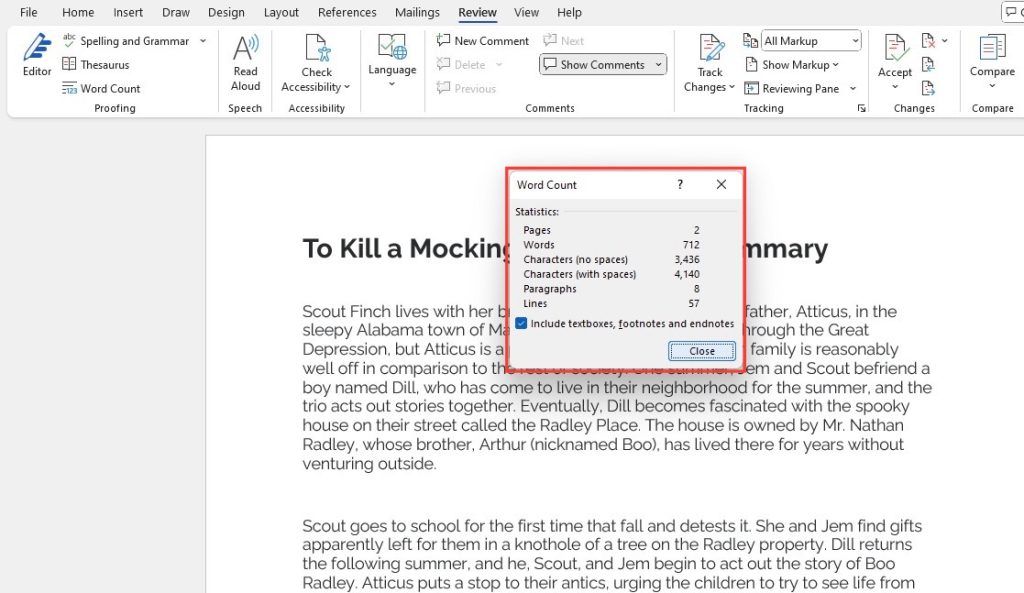 Character count for microsoft word