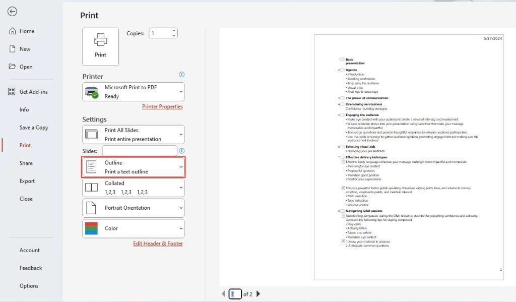 Print PowerPoint Outlines