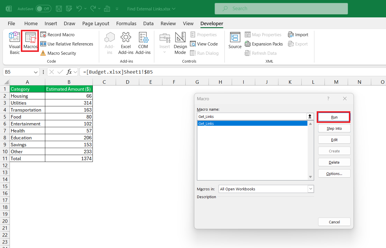 Find External Links in Excel