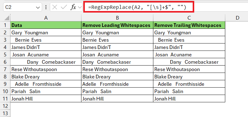 Remove Whitespace in Regex Excel