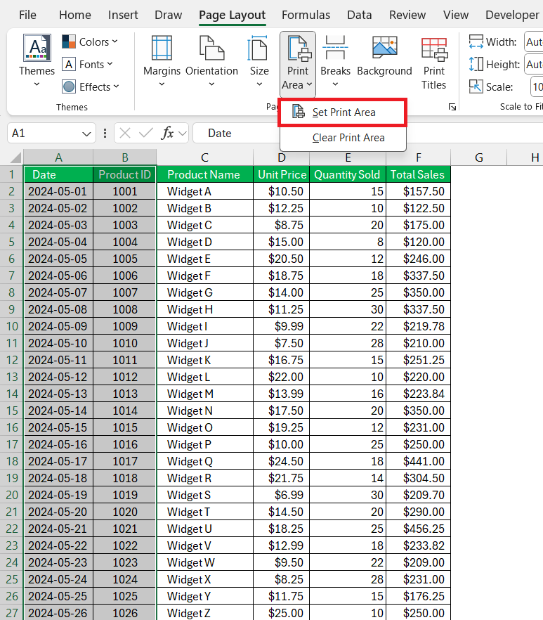 Set Print Area in Excel