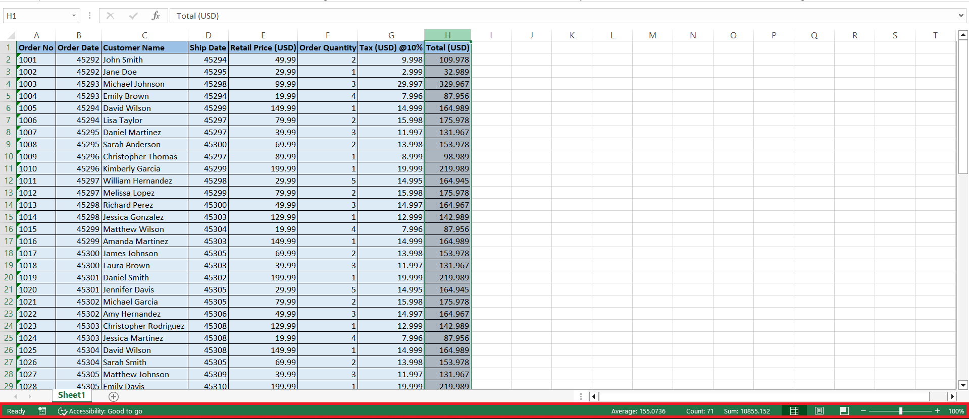 status bar excel