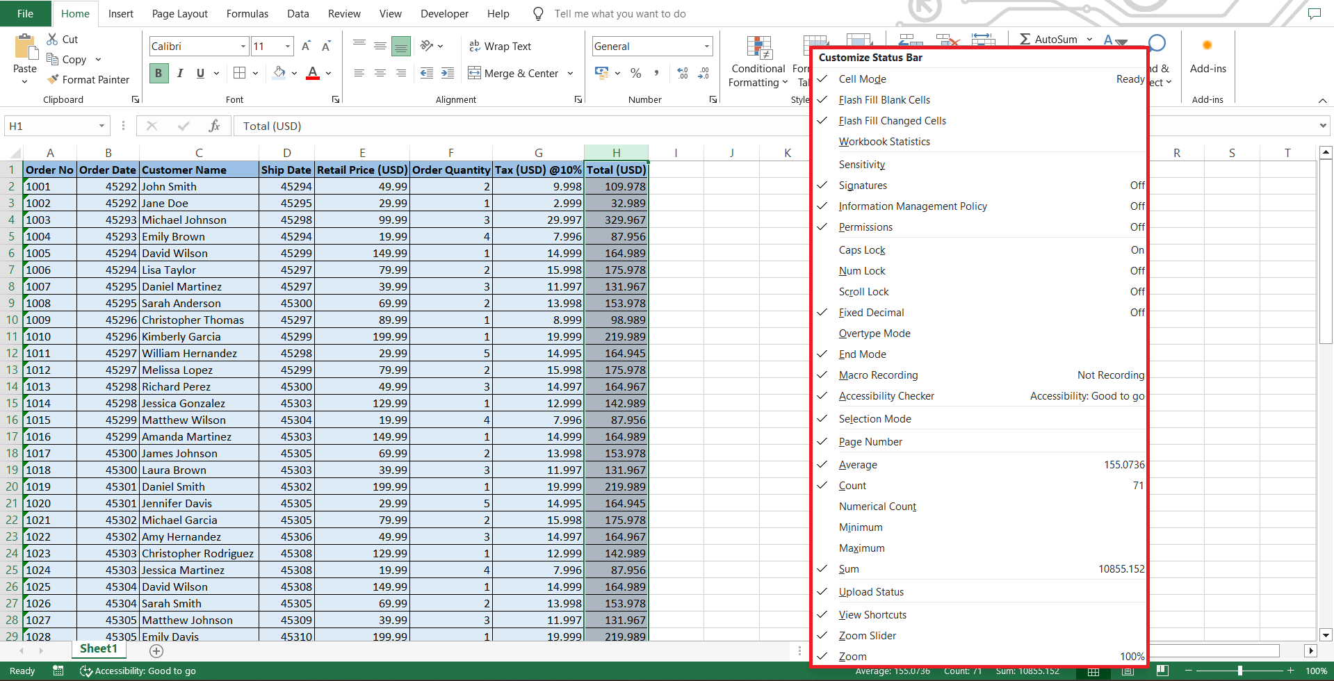 status bar excel