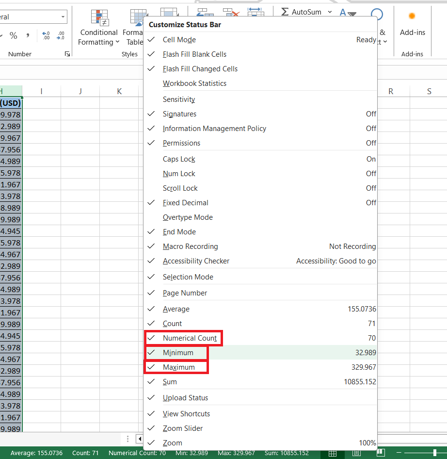 status bar excel