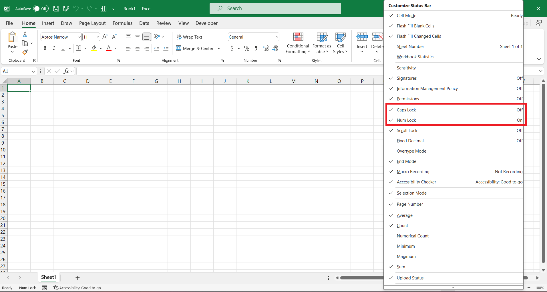 status bar excel