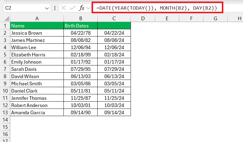 Birthday List in Excel