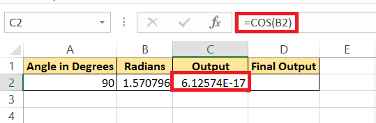 Cos 90 Degrees in Excel