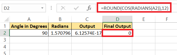 Cos 90 Degrees in Excel