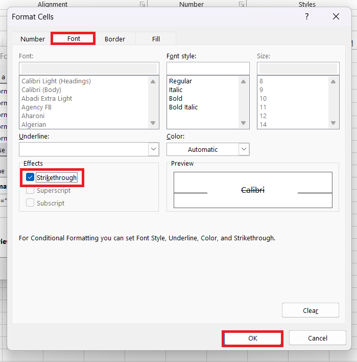 Excel Strikethrough