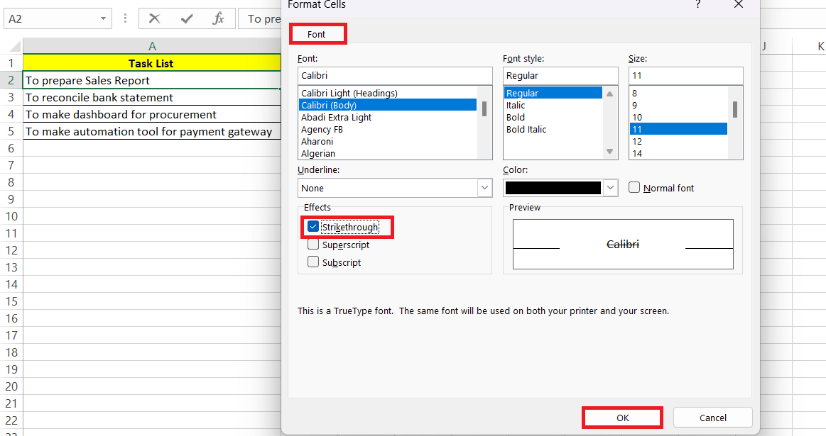 Excel Strikethrough