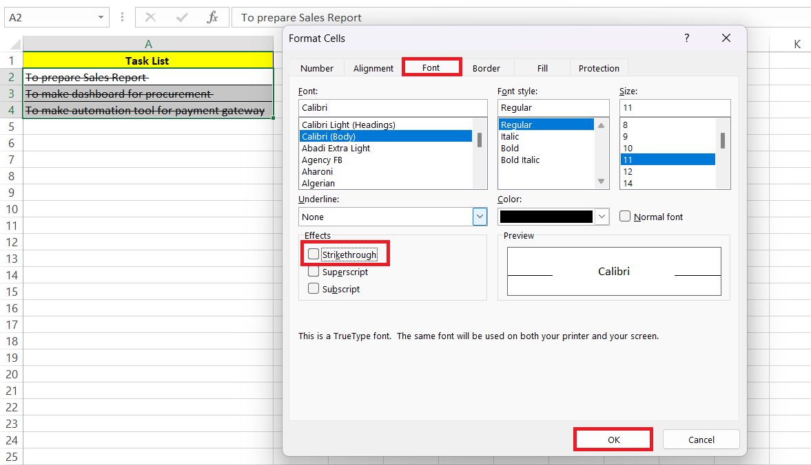 Excel Strikethrough