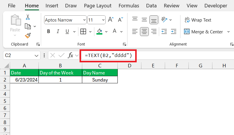 Day of Week Formula in Excel