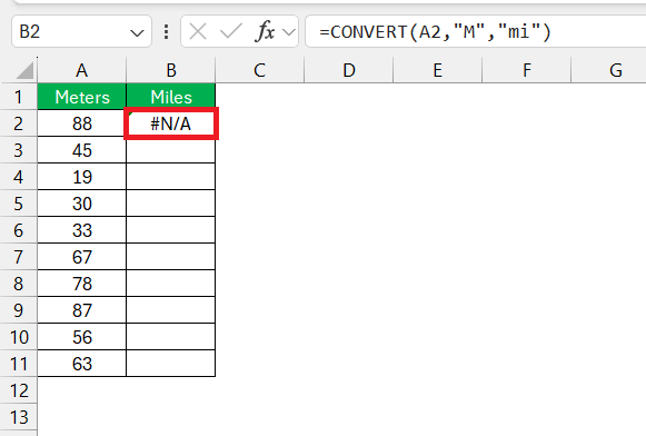Meters to Miles in Excel