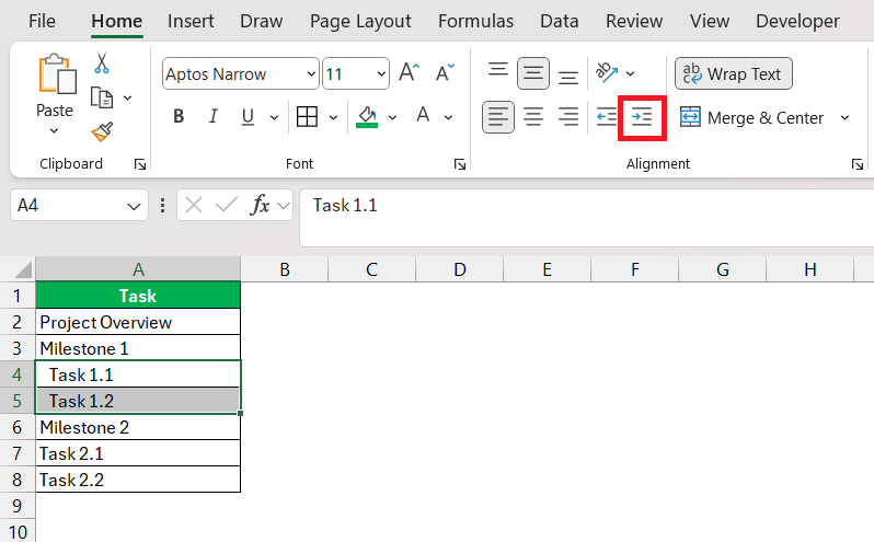 How to indent in Excel