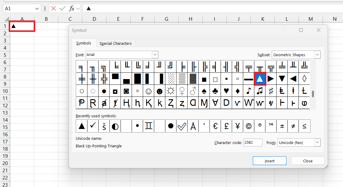 Triangle Symbol in Excel